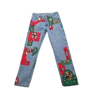 Vtg OOAK Upcycled Folksy Jeans w Appliqued Mexican Puebla Dress Patches 30x31
